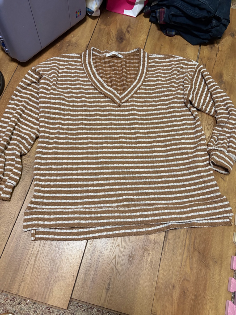 Altar'd State Tan & White Striped V-Neck Knit Top